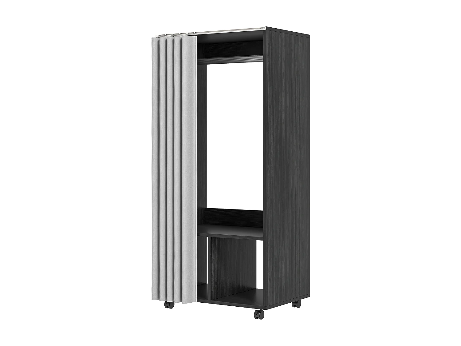 Armoire penderie sur roulettes - tringle penderie, 2 compartiments - effet bois noir rideau gris