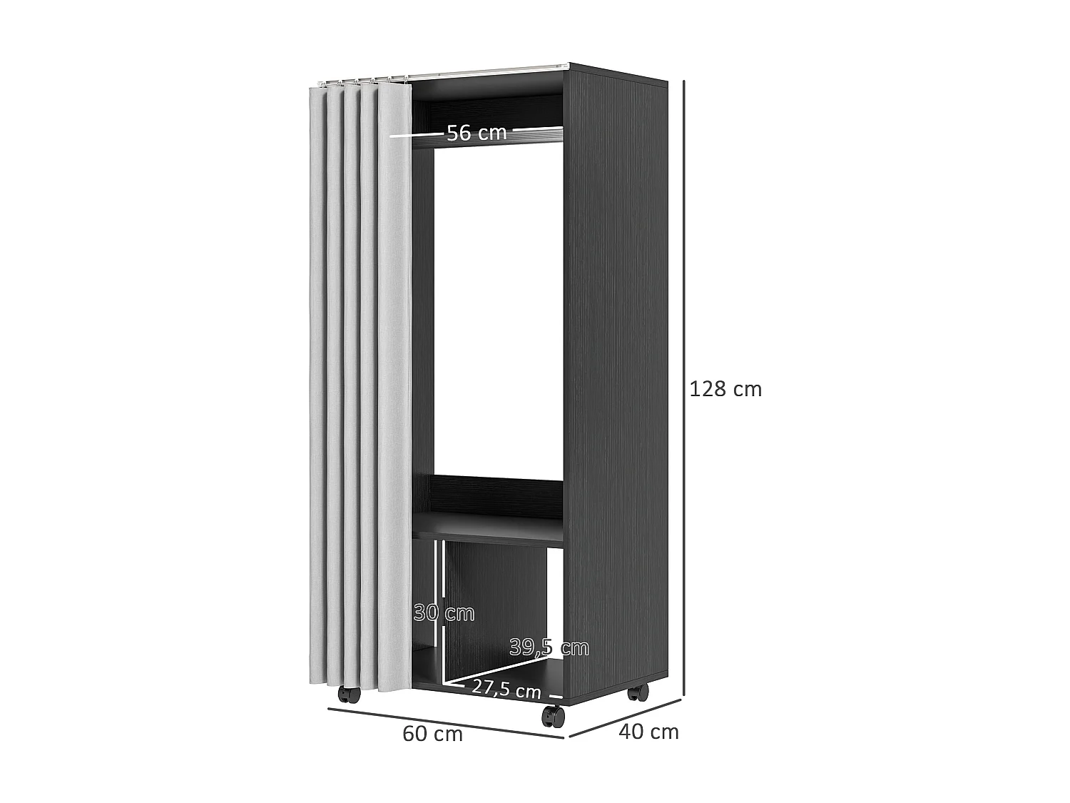 Armoire penderie sur roulettes - tringle penderie, 2 compartiments - effet bois noir rideau gris