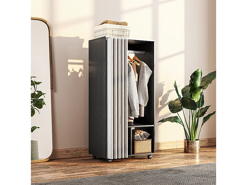 Armoire penderie sur roulettes - tringle penderie, 2 compartiments - effet bois noir rideau gris