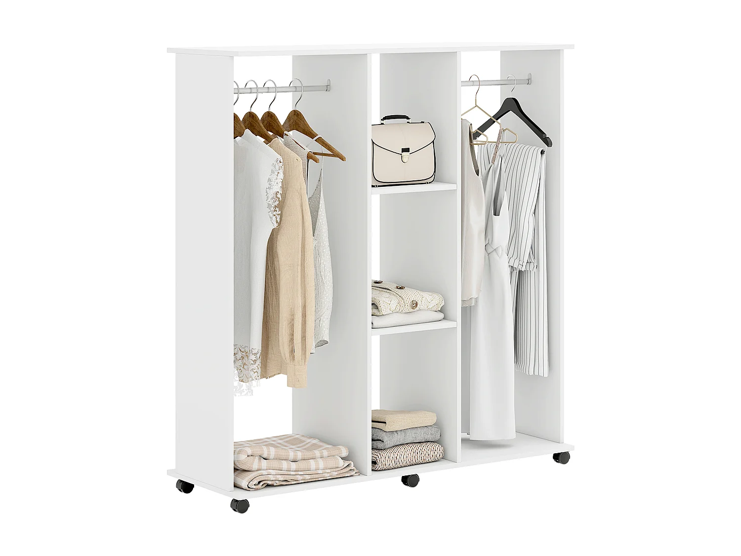 Armoire penderie Meuble de Rangement Mobile 6 roulettes 120L x 40l x 128H cm en bois Blanc