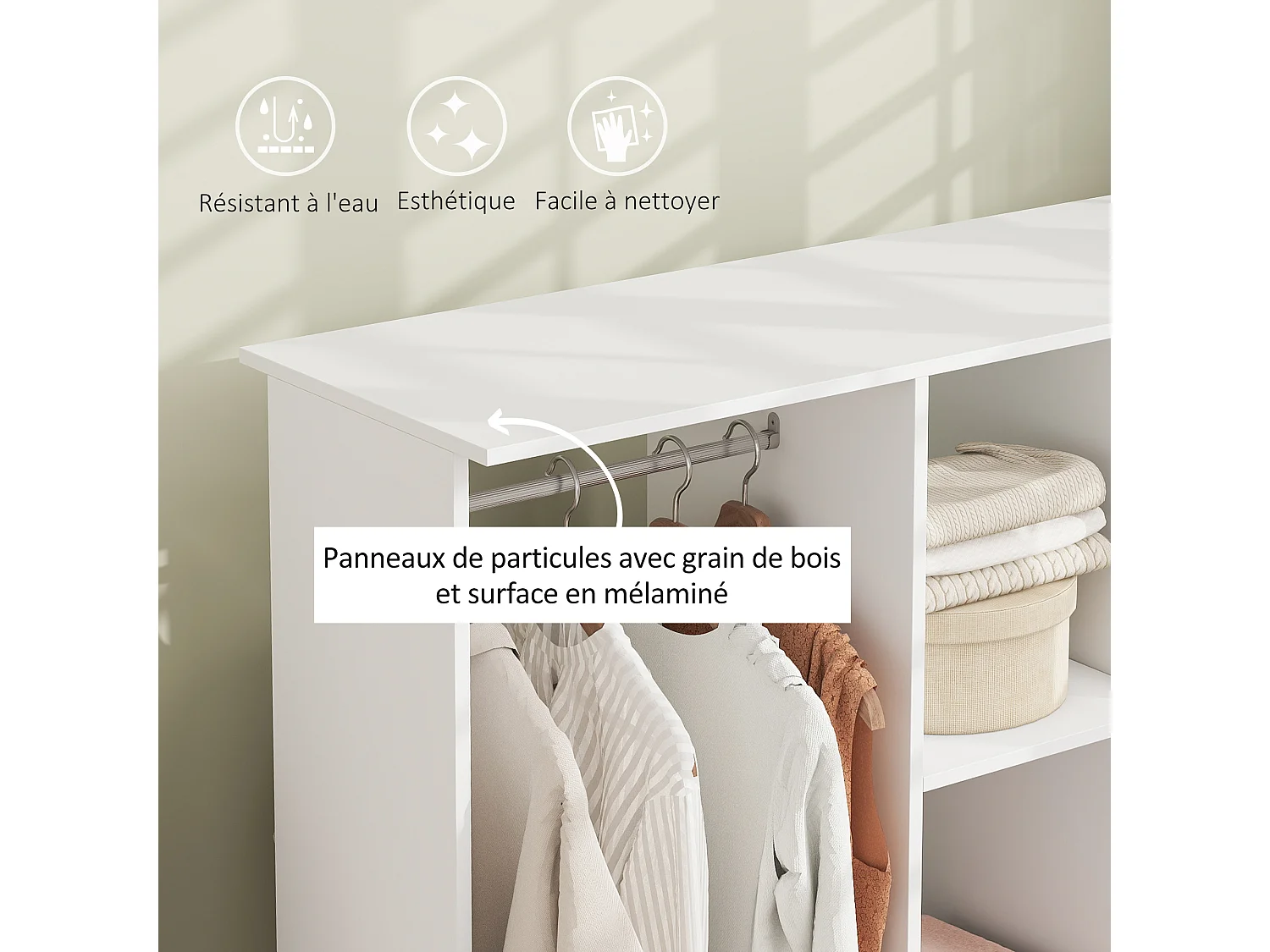 Armoire penderie Meuble de Rangement Mobile 6 roulettes 120L x 40l x 128H cm en bois Blanc