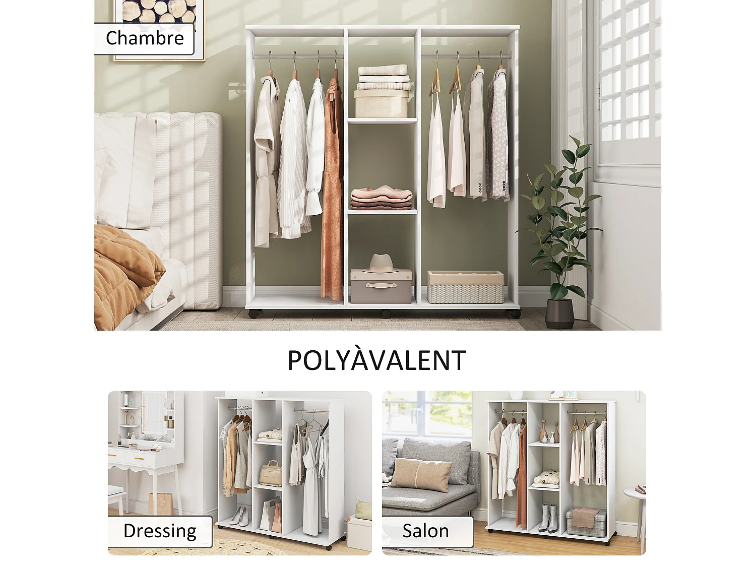 Armoire penderie Meuble de Rangement Mobile 6 roulettes 120L x 40l x 128H cm en bois Blanc