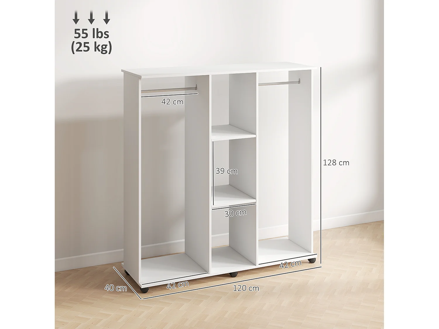 Armoire penderie Meuble de Rangement Mobile 6 roulettes 120L x 40l x 128H cm en bois Blanc