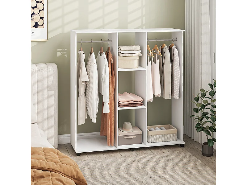 Armoire penderie Meuble de Rangement Mobile 6 roulettes 120L x 40l x 128H cm en bois Blanc