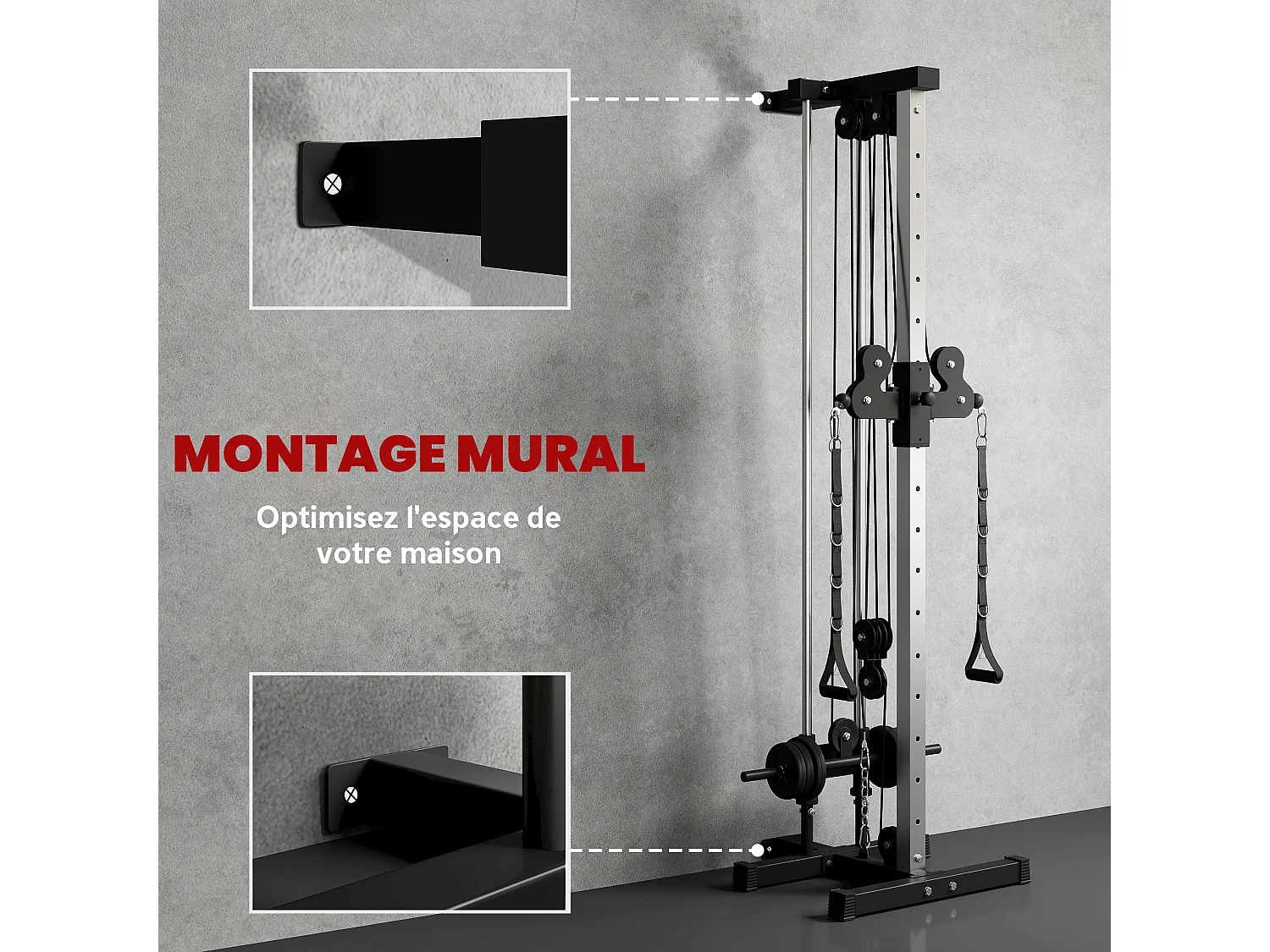 Station de musculation montage mural - double poulie, tirage poitrine, lat pulldown - acier gris noir