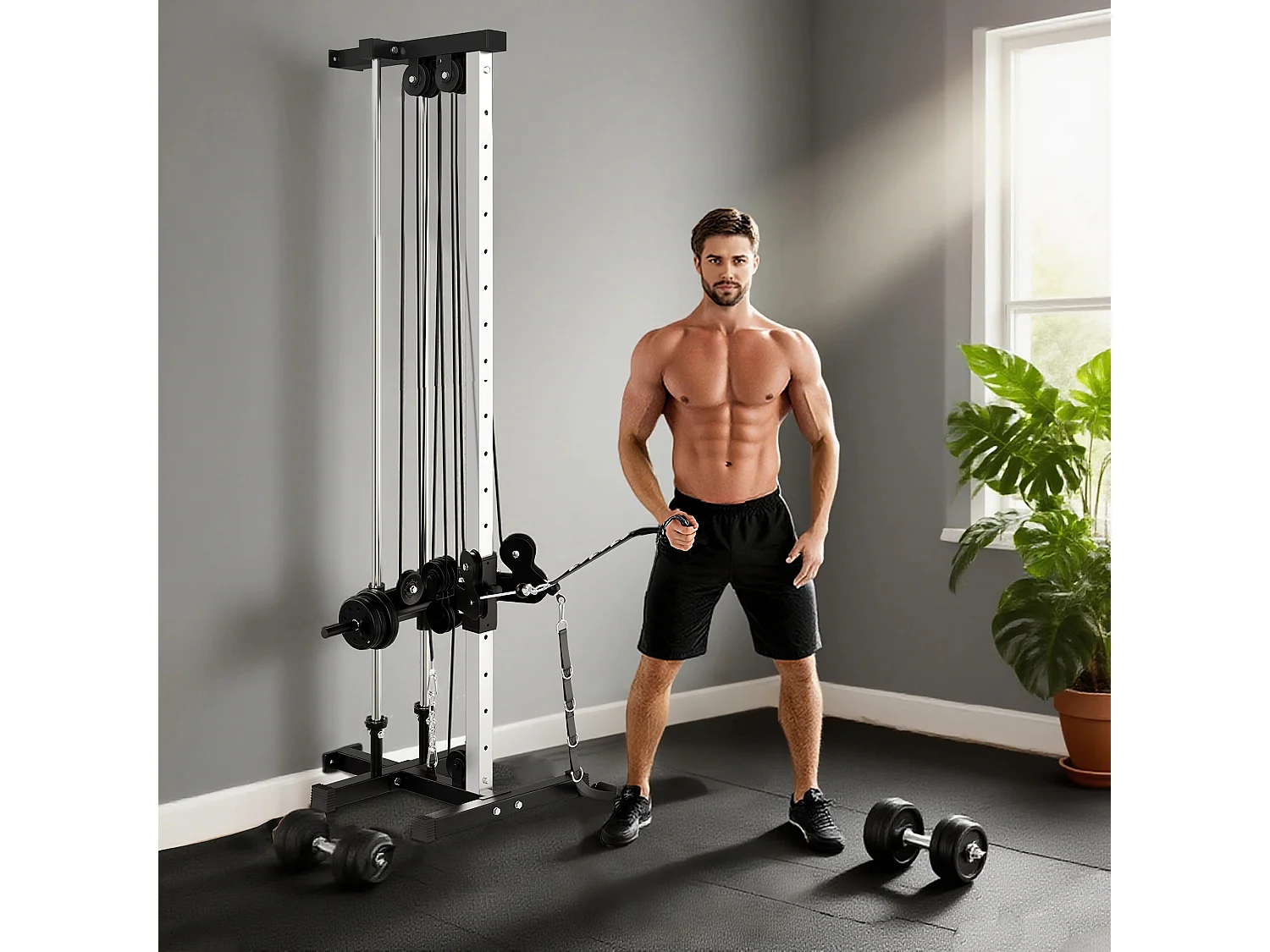 Station de musculation montage mural - double poulie, tirage poitrine, lat pulldown - acier gris noir