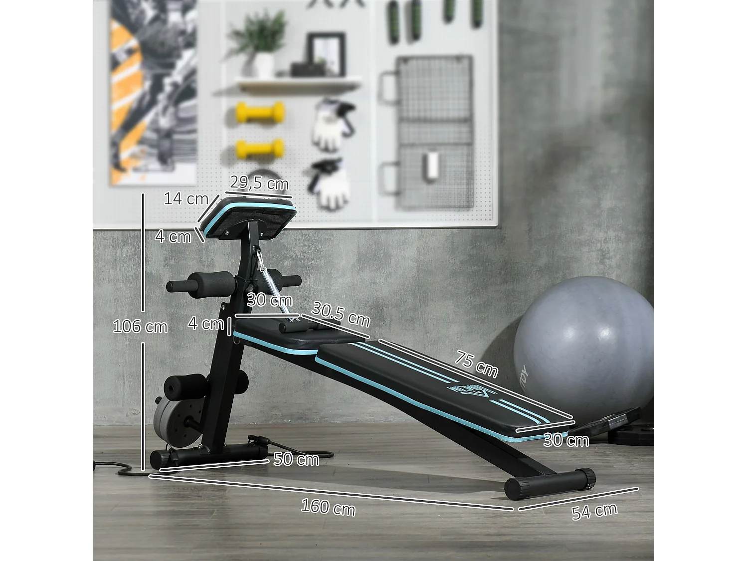 Banc de musculation pliable inclinable réglable sangles élastiques + support haltères inclus acier noir bleu