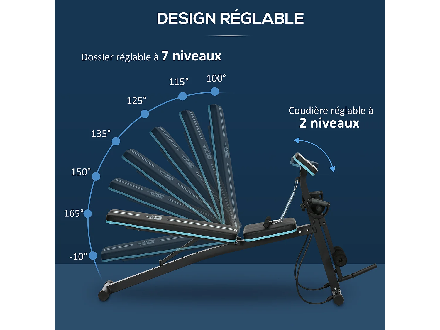 Banc de musculation pliable inclinable réglable sangles élastiques + support haltères inclus acier noir bleu