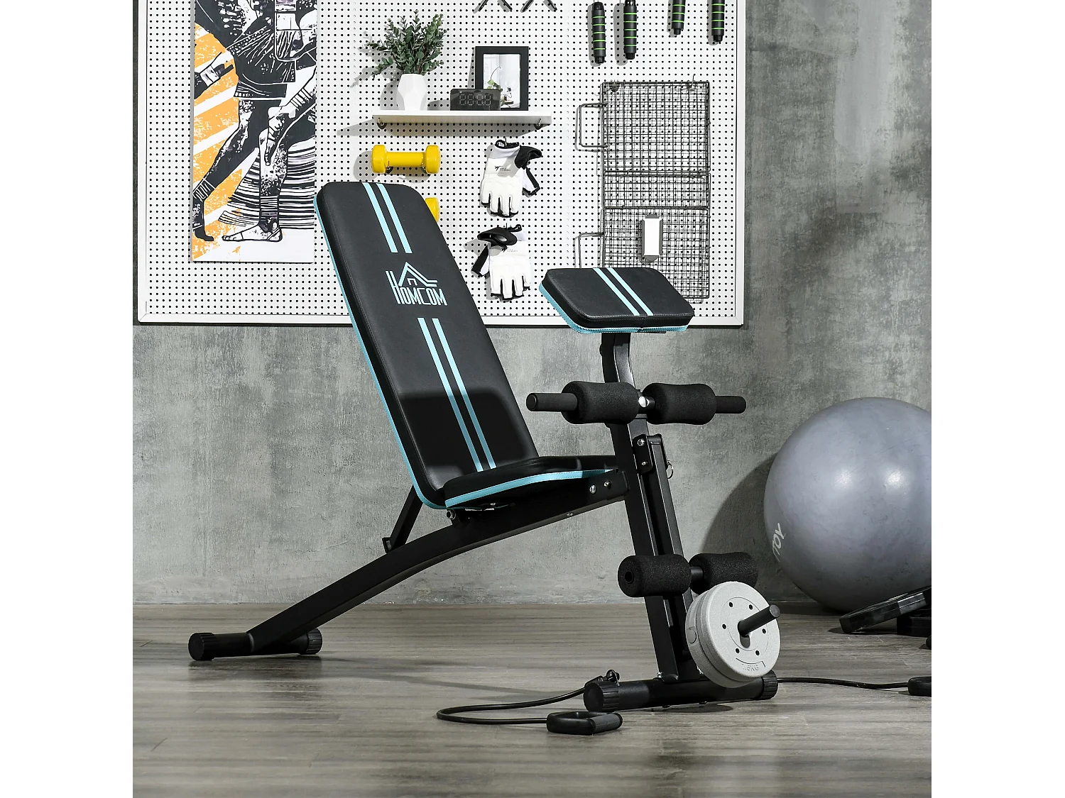 Banc de musculation pliable inclinable réglable sangles élastiques + support haltères inclus acier noir bleu