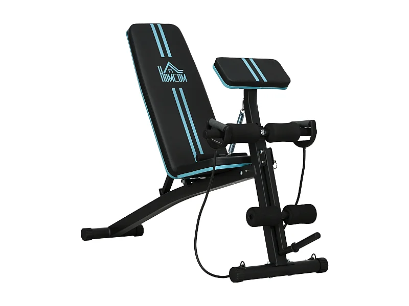 Banc de musculation pliable inclinable réglable sangles élastiques + support haltères inclus acier noir bleu