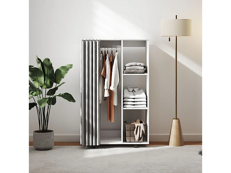 Armoire penderie sur roulettes - tringle, étagère, penderie, 3 compartiments - effet bois blanc rideau gris