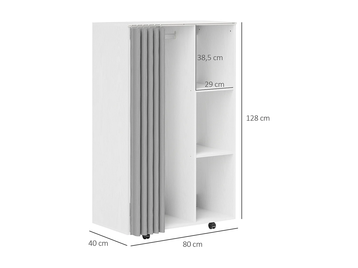 Armoire penderie sur roulettes - tringle, étagère, penderie, 3 compartiments - effet bois blanc rideau gris