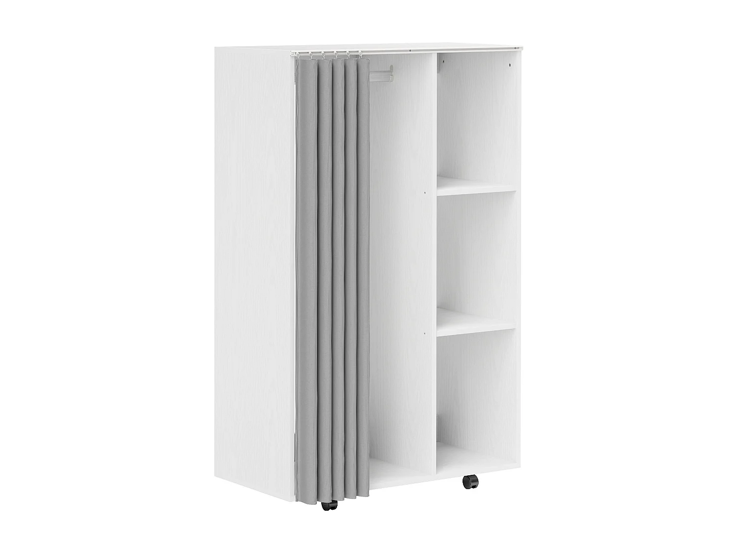 Armoire penderie sur roulettes - tringle, étagère, penderie, 3 compartiments - effet bois blanc rideau gris