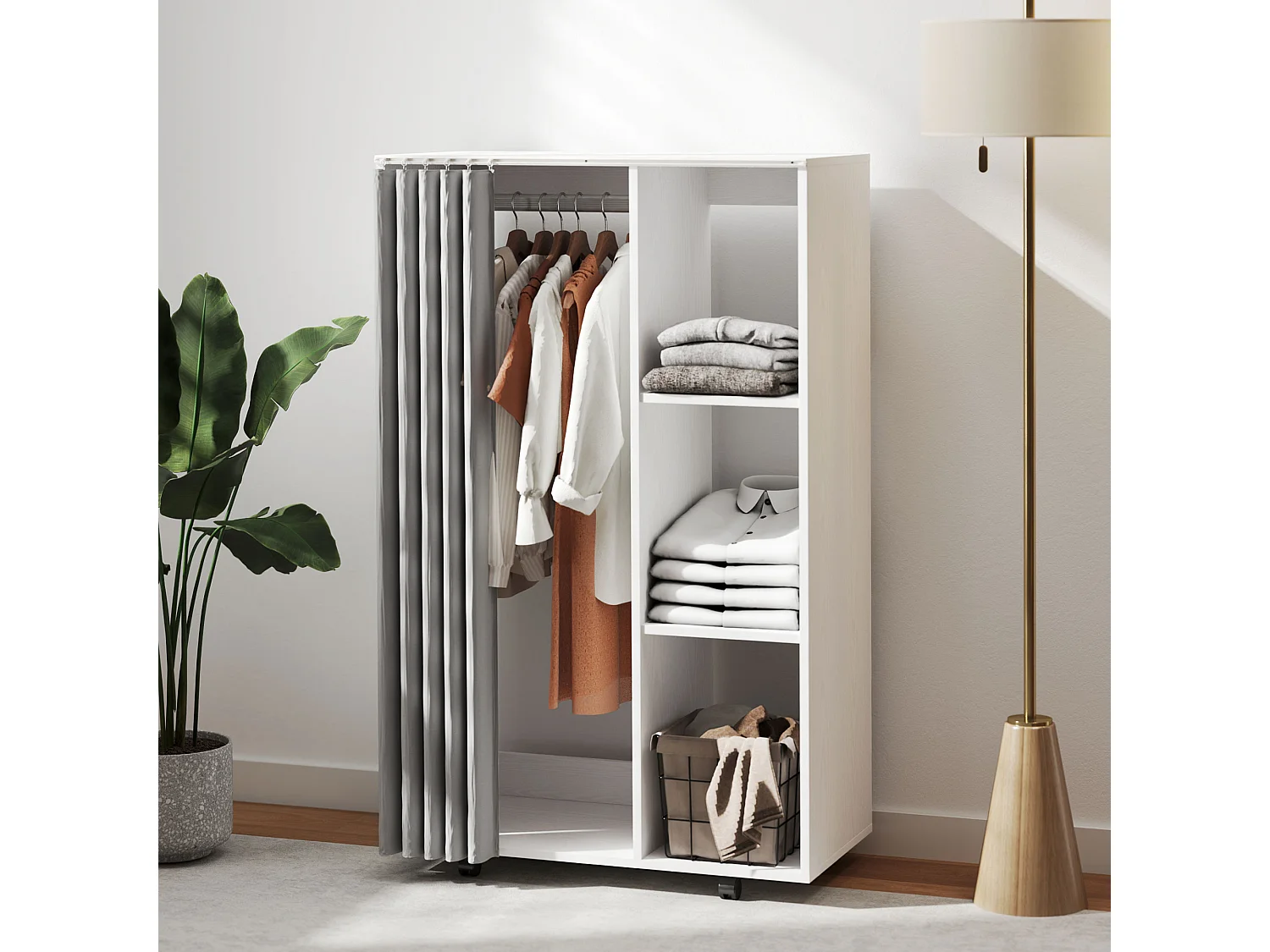 Armoire penderie sur roulettes - tringle, étagère, penderie, 3 compartiments - effet bois blanc rideau gris