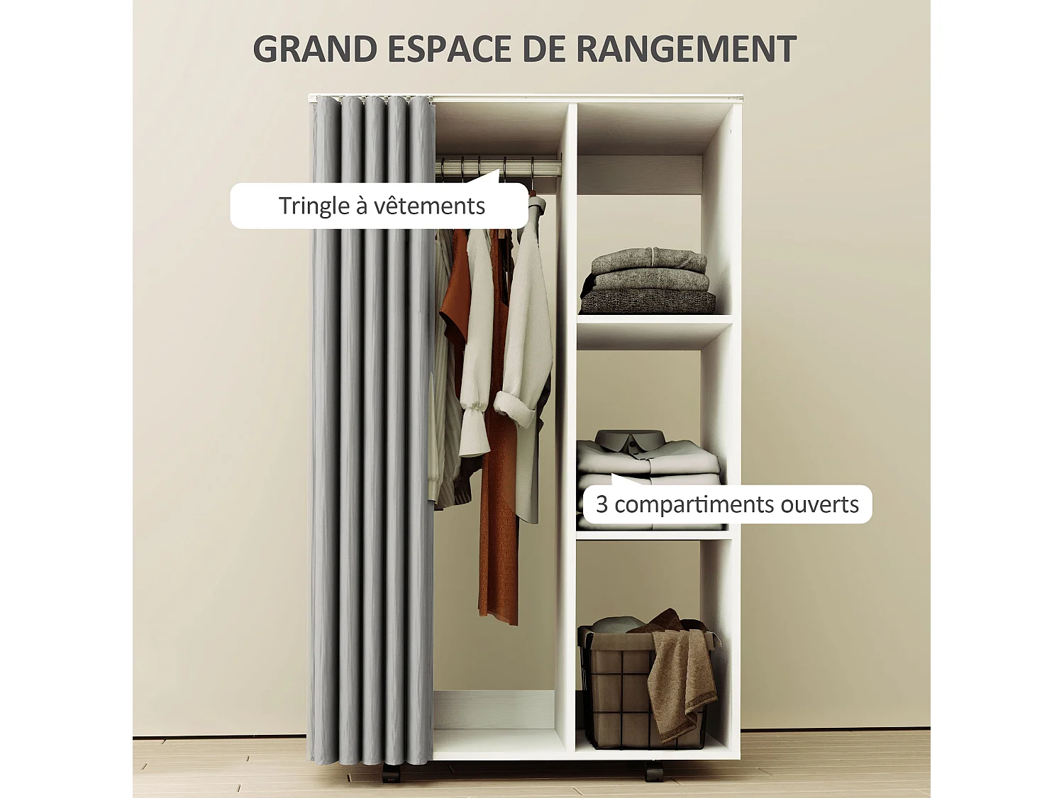 Armoire penderie sur roulettes - tringle, étagère, penderie, 3 compartiments - effet bois blanc rideau gris