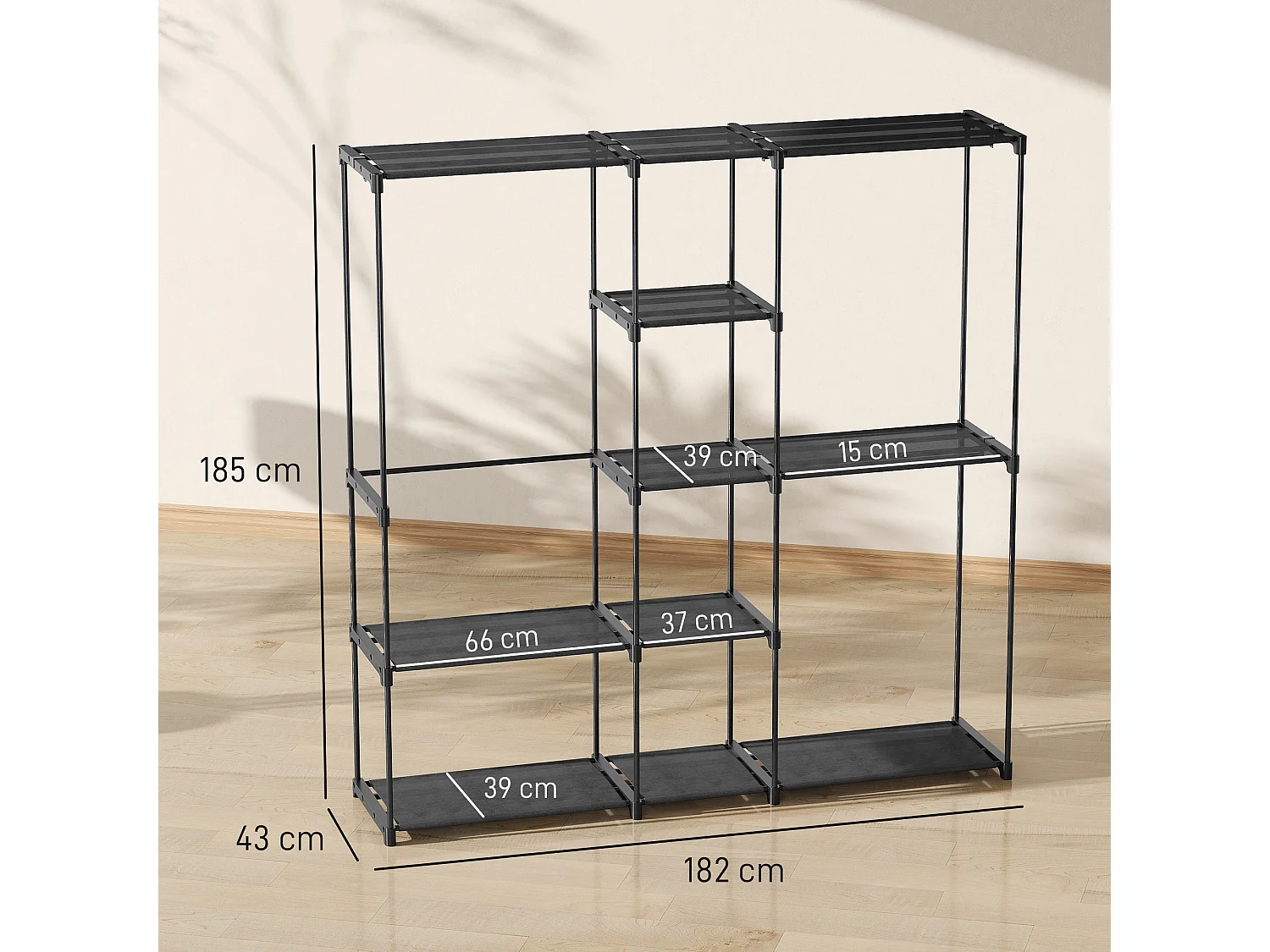 Dressing armoire-penderie dim. 182 x 43 x 185 cm 8 étagères 3 tringles métal non tissé noir