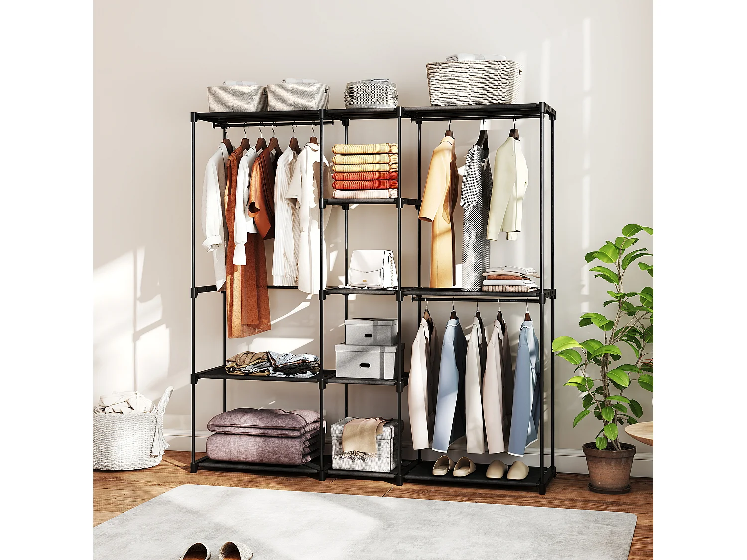 Dressing armoire-penderie dim. 182 x 43 x 185 cm 8 étagères 3 tringles métal non tissé noir