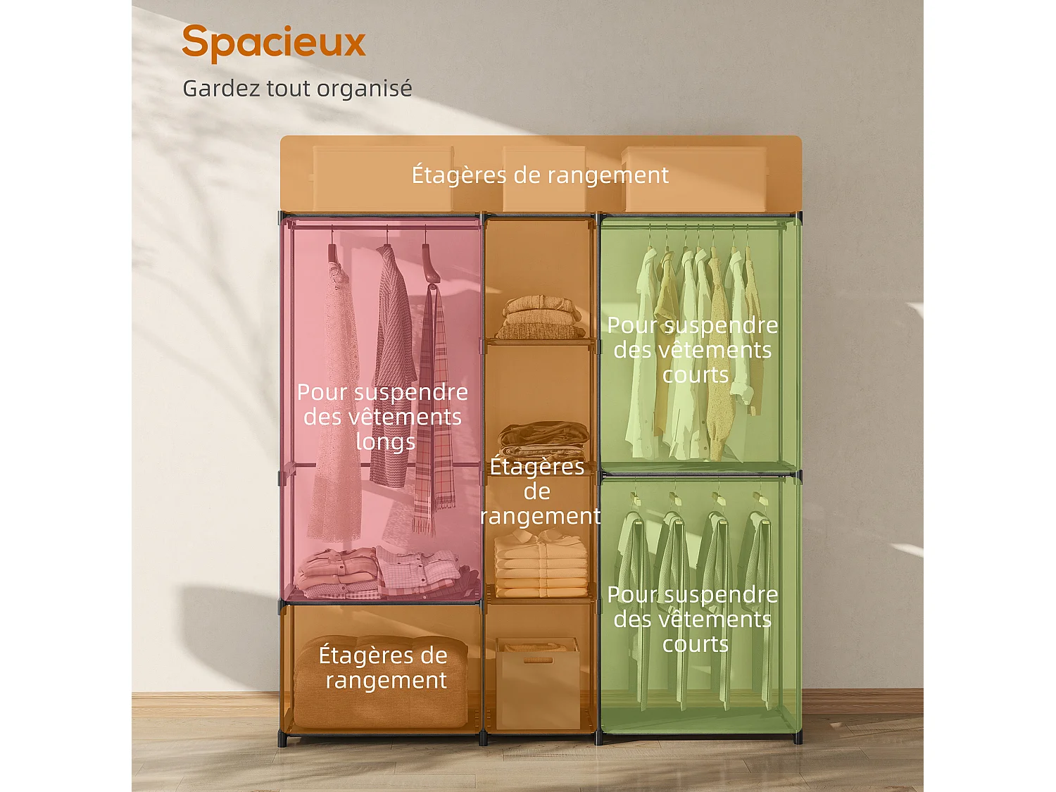 Dressing armoire-penderie dim. 182 x 43 x 185 cm 8 étagères 3 tringles métal non tissé noir