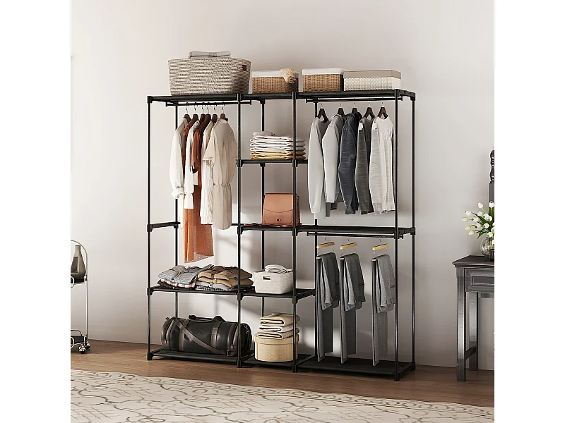 Dressing armoire-penderie dim. 182 x 43 x 185 cm 8 étagères 3 tringles métal non tissé noir