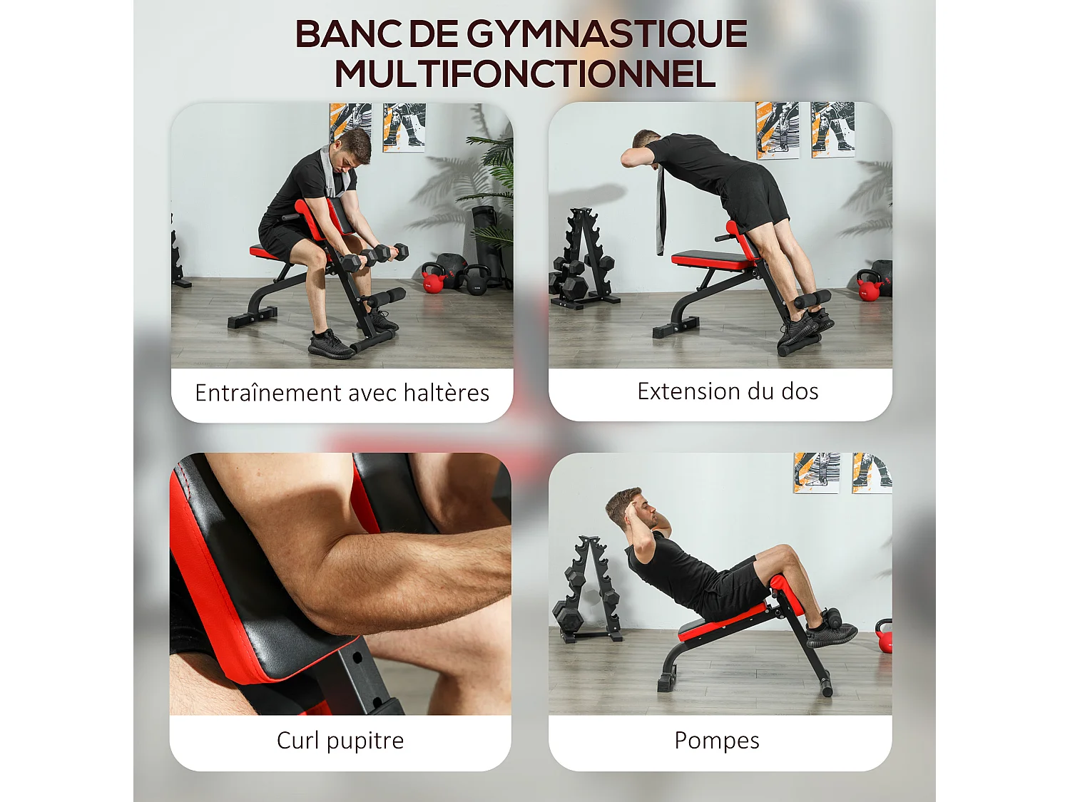 Banc de musculation 150L x 150l x 76H cm hauteur coussin abdominal réglable 7 niveaux dossier rembourré acier noir rouge