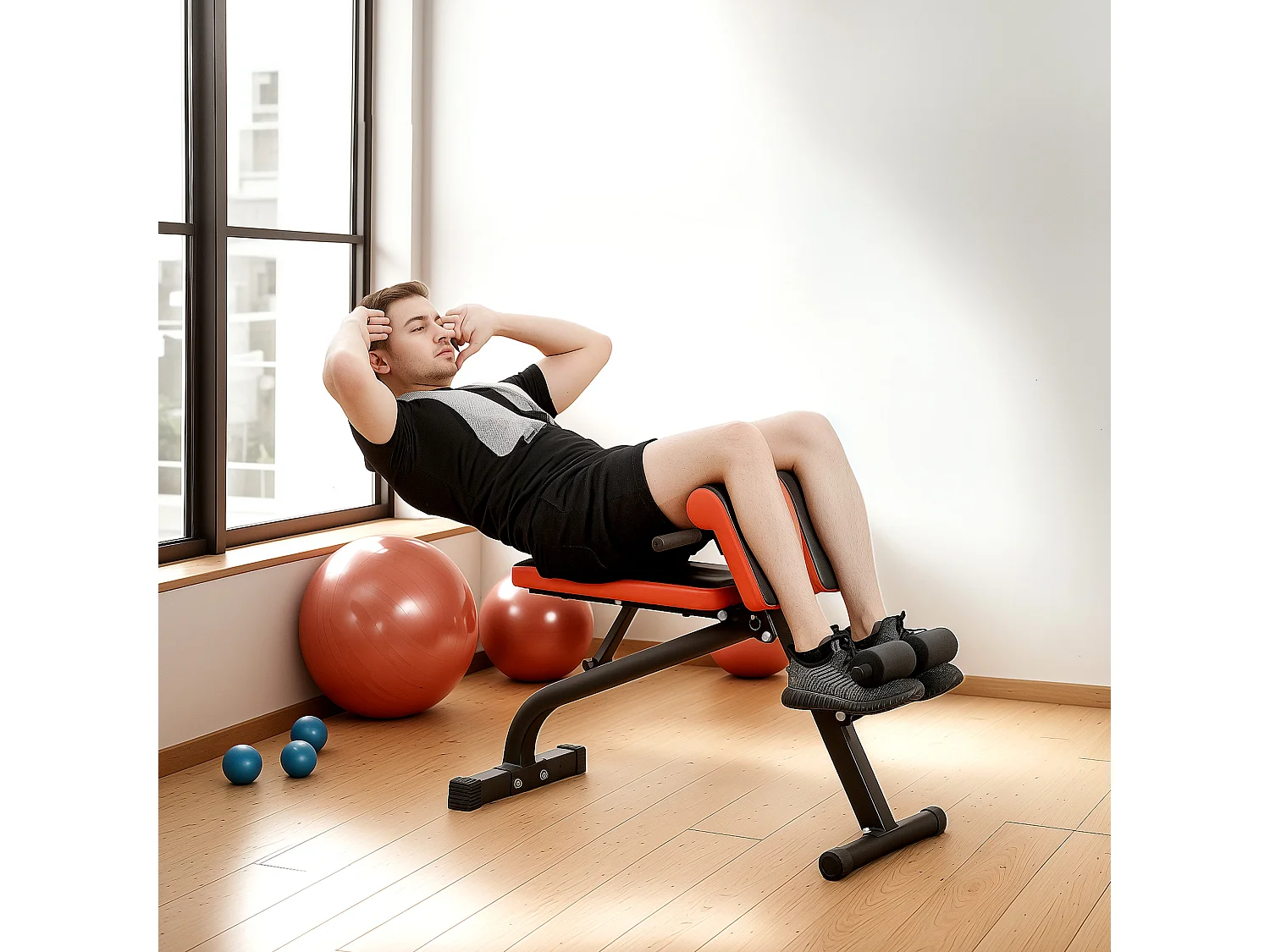 Banc de musculation 150L x 150l x 76H cm hauteur coussin abdominal réglable 7 niveaux dossier rembourré acier noir rouge