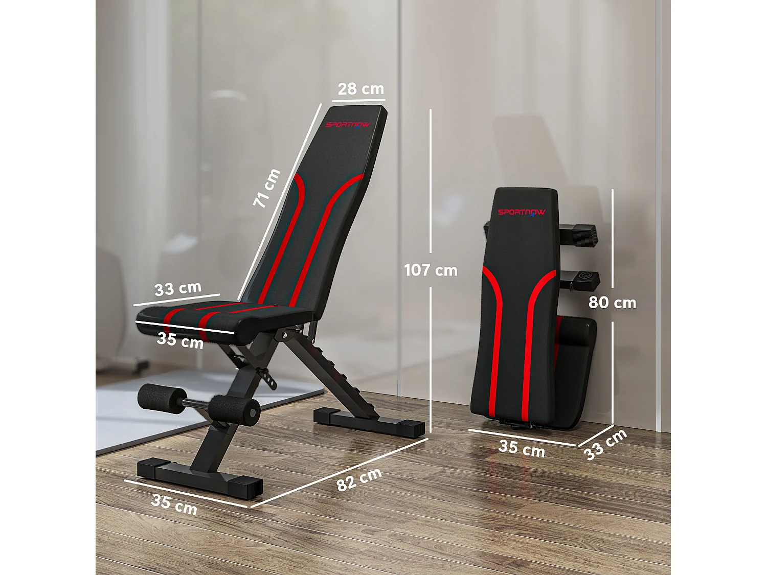 Banc de musculation pliable inclinable charge max. 230 Kg rouge noir