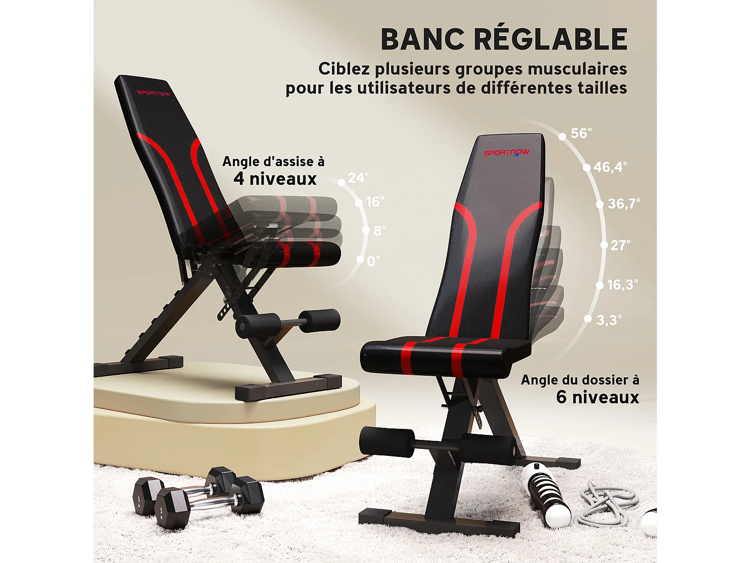 Banc de musculation pliable inclinable charge max. 230 Kg rouge noir