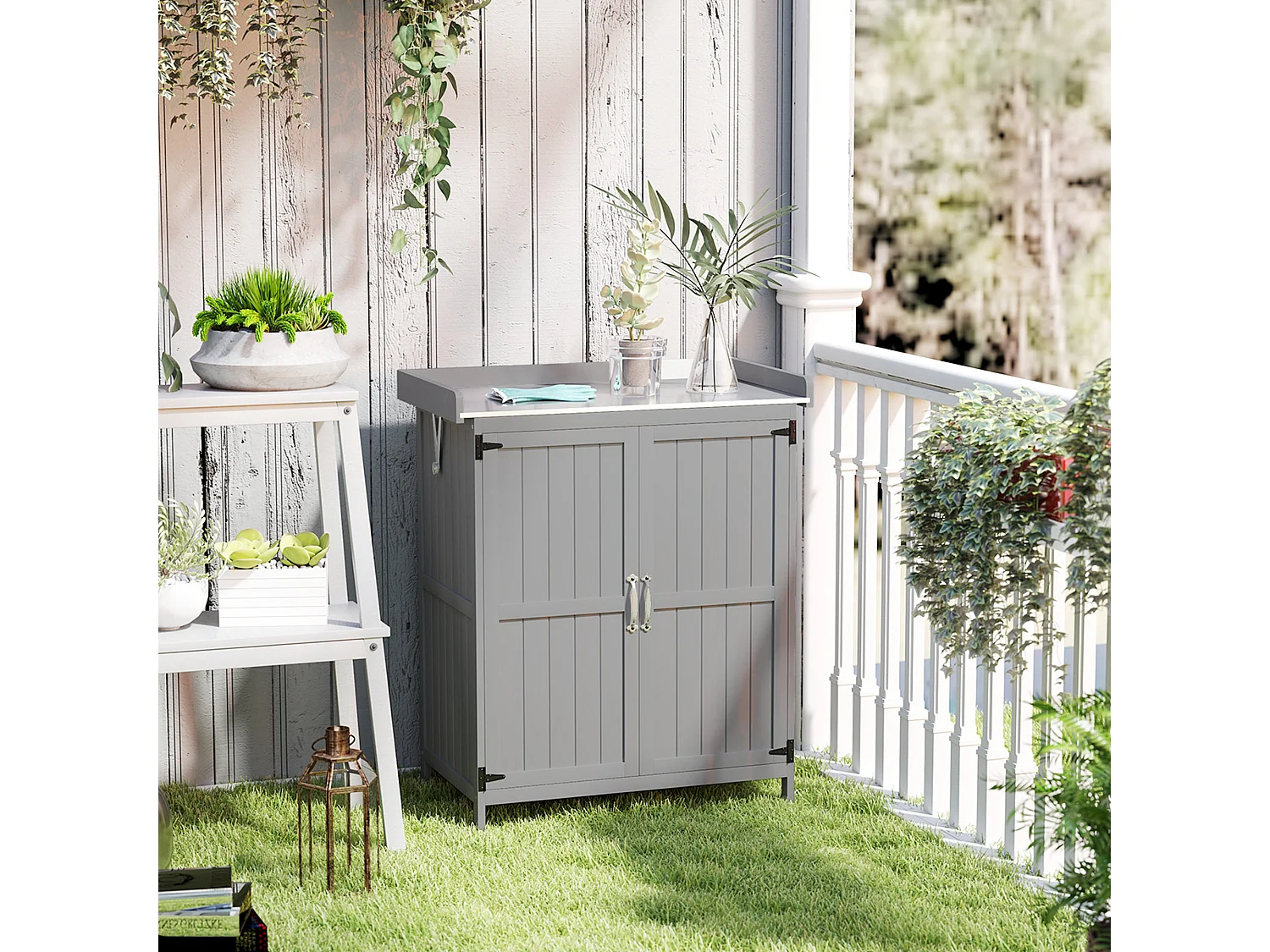 Armoire de jardin sur pied 2 portes étagère toit ouvrant dim. 74 x 43 x 88 cm acier inox bois sapin gris