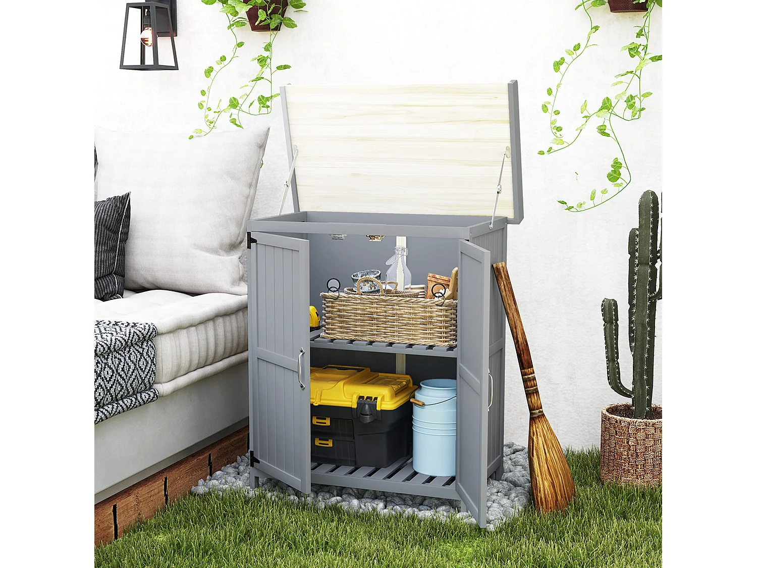 Armoire de jardin sur pied 2 portes étagère toit ouvrant dim. 74 x 43 x 88 cm acier inox bois sapin gris