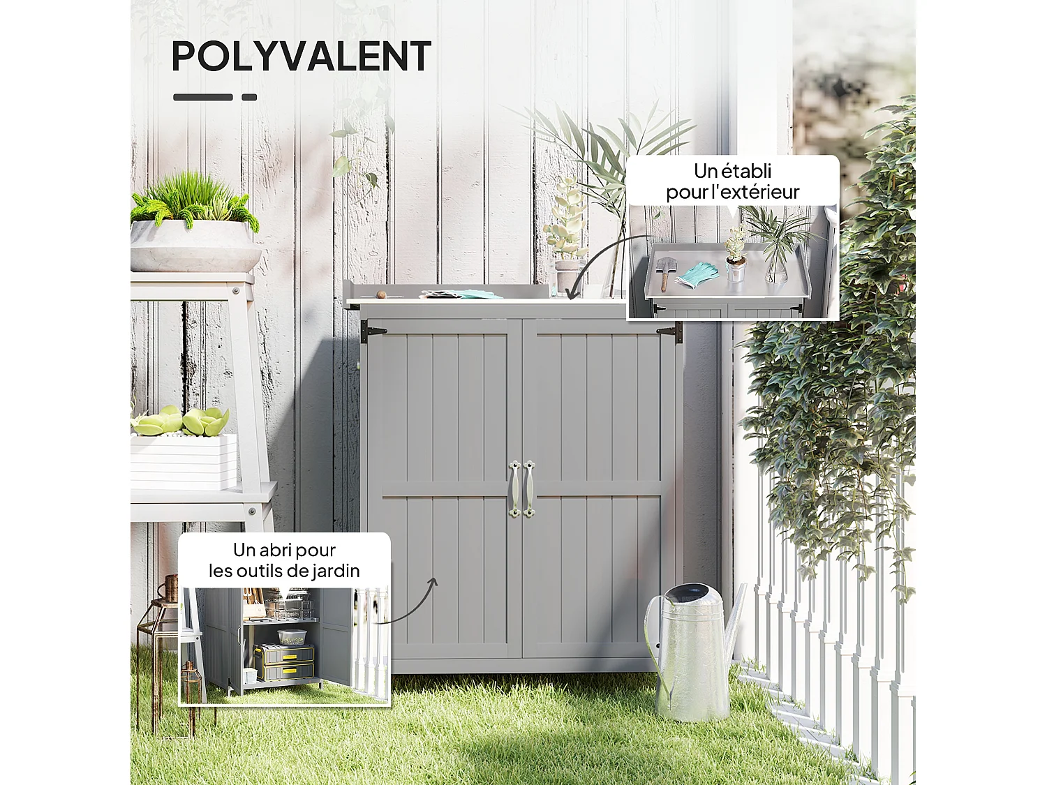 Armoire de jardin sur pied 2 portes étagère toit ouvrant dim. 74 x 43 x 88 cm acier inox bois sapin gris