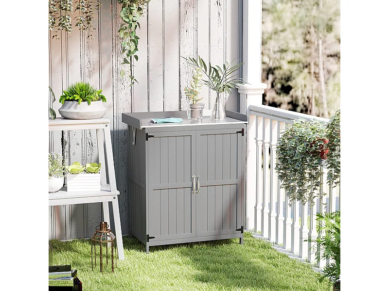 Armoire de jardin sur pied 2 portes étagère toit ouvrant dim. 74 x 43 x 88 cm acier inox bois sapin gris