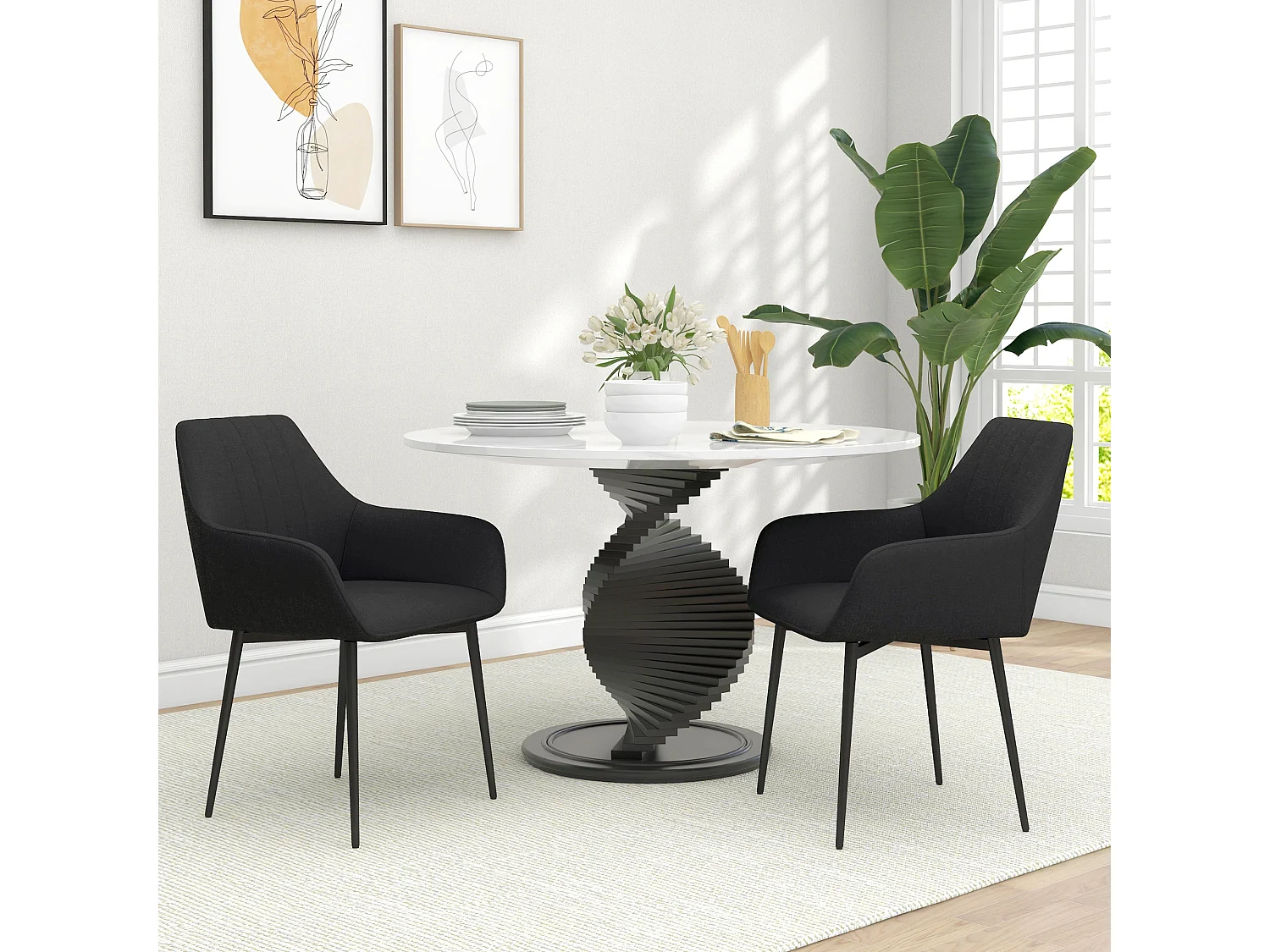 Chaises de visiteur design scandinave - lot de 2 chaises - pieds effilés métal noir - assise dossier accoudoirs ergonomiques lin noir