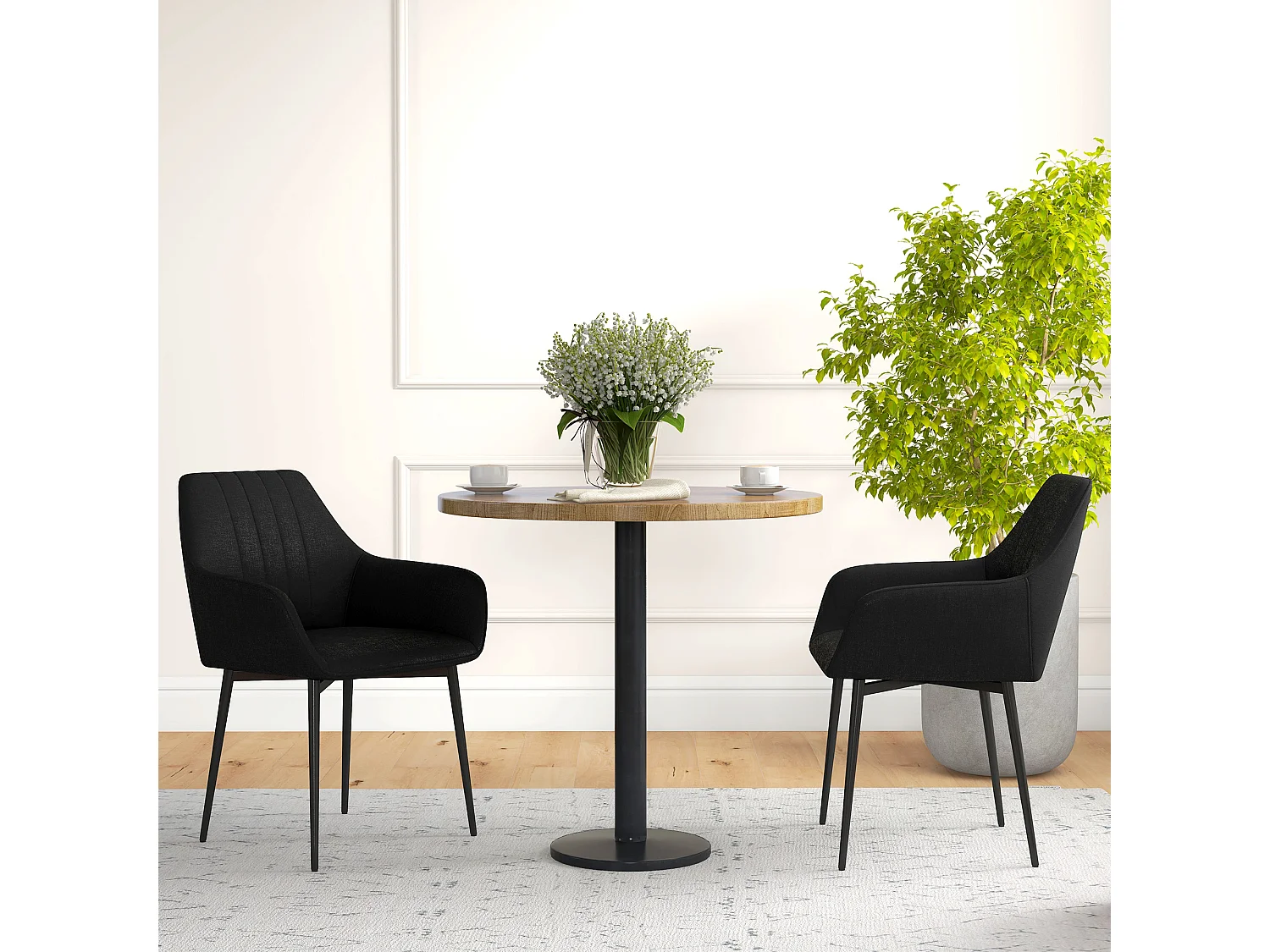 Chaises de visiteur design scandinave - lot de 2 chaises - pieds effilés métal noir - assise dossier accoudoirs ergonomiques lin noir