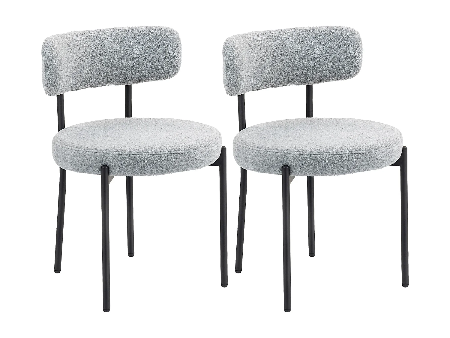Lot de 2 chaises de salon style néo-rétro - assise ronde, dossier enveloppant - acier noir effet laine bouclée gris