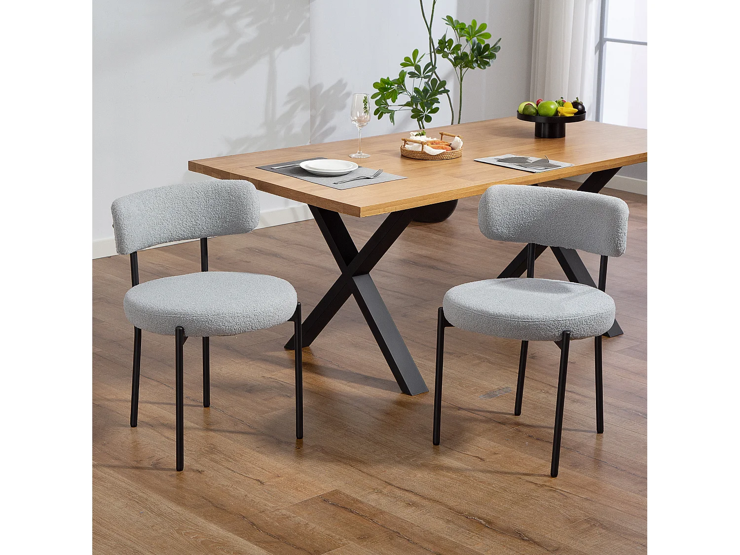 Lot de 2 chaises de salon style néo-rétro - assise ronde, dossier enveloppant - acier noir effet laine bouclée gris