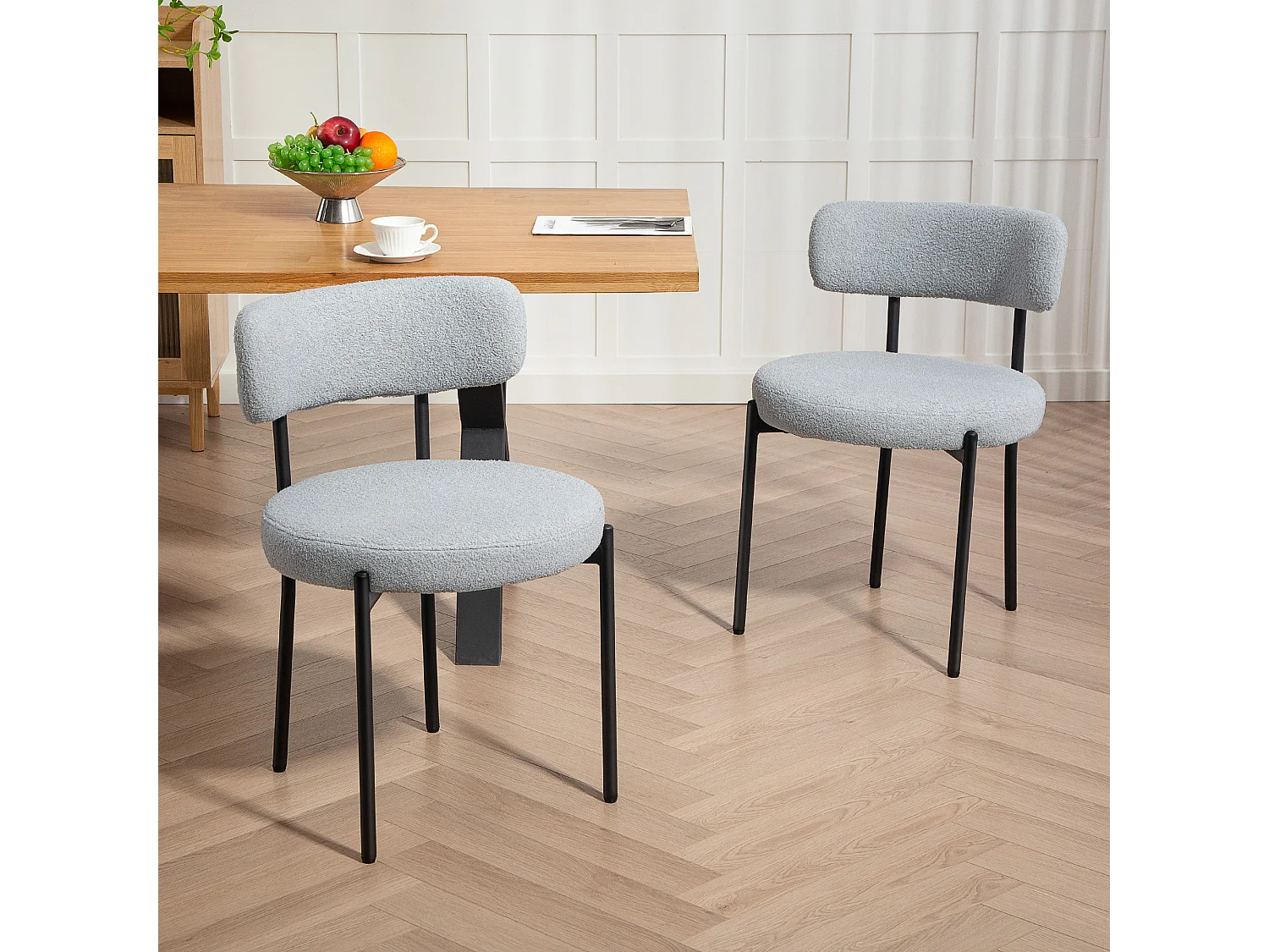 Lot de 2 chaises de salon style néo-rétro - assise ronde, dossier enveloppant - acier noir effet laine bouclée gris