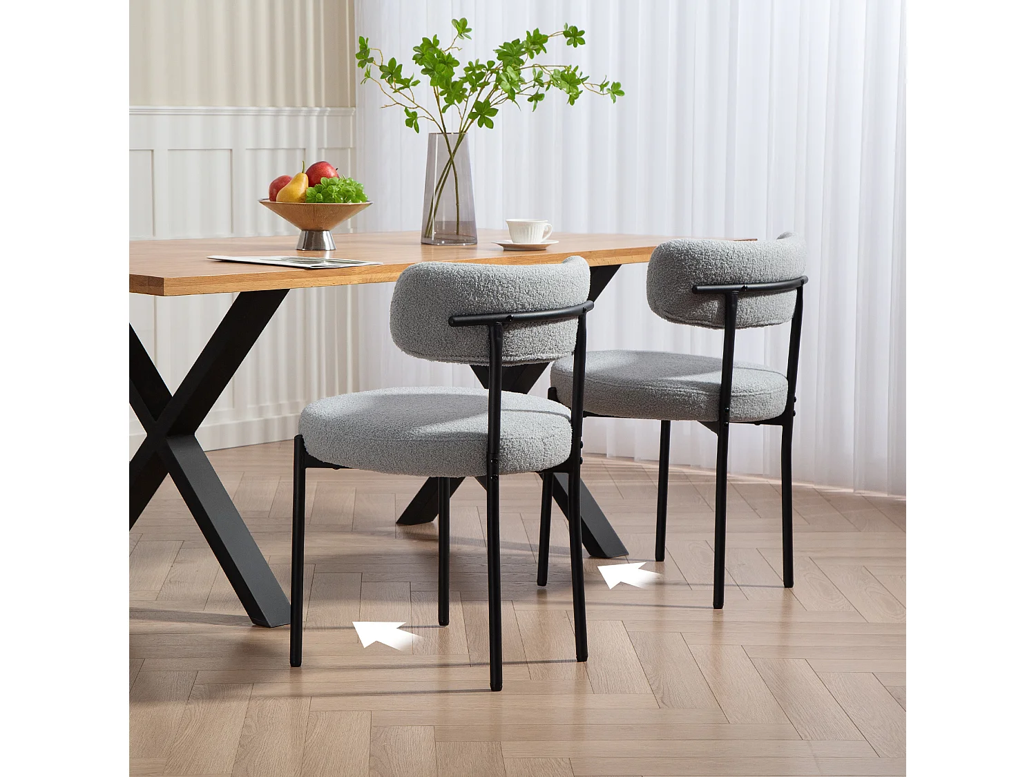 Lot de 2 chaises de salon style néo-rétro - assise ronde, dossier enveloppant - acier noir effet laine bouclée gris