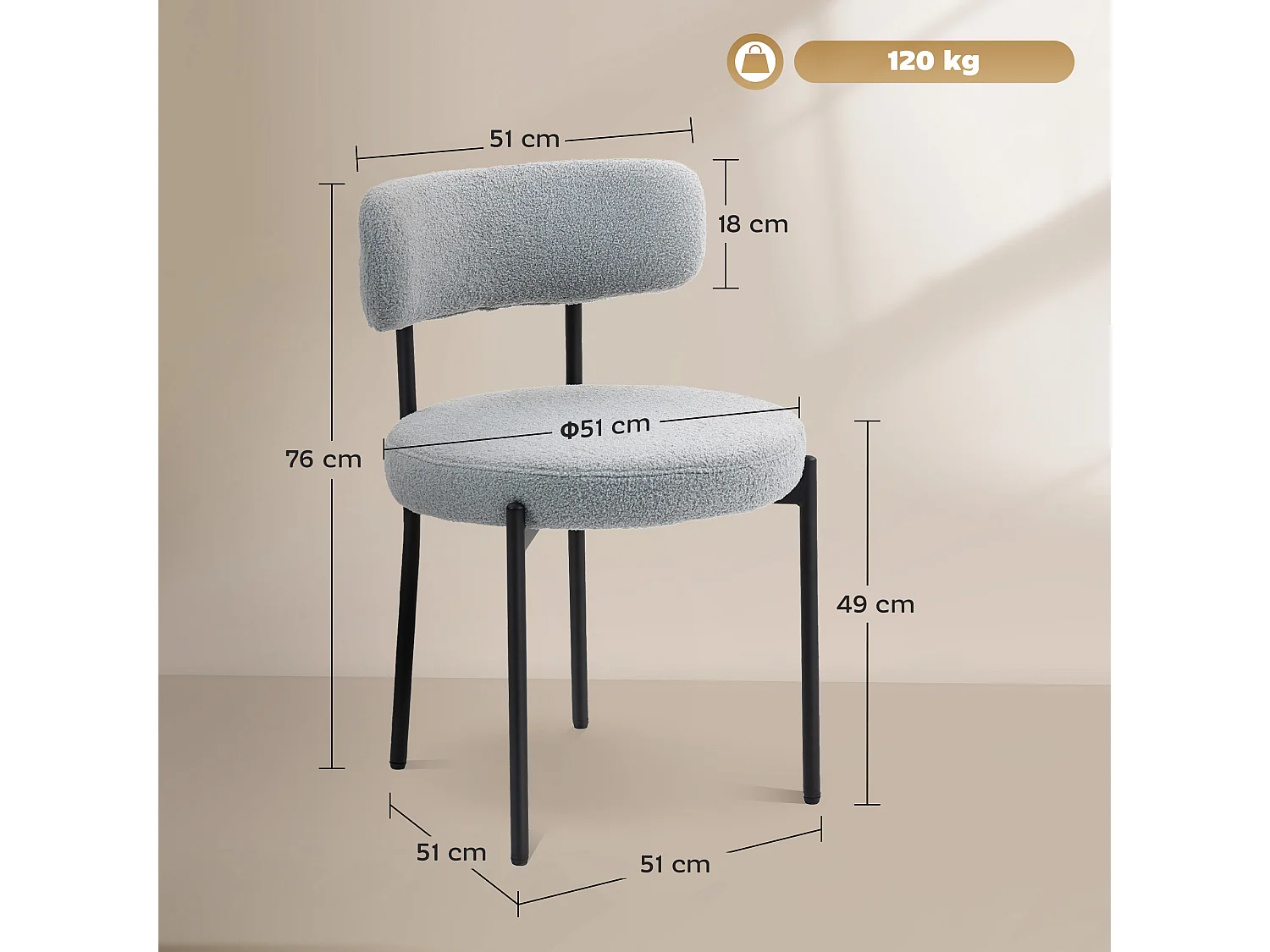 Lot de 2 chaises de salon style néo-rétro - assise ronde, dossier enveloppant - acier noir effet laine bouclée gris