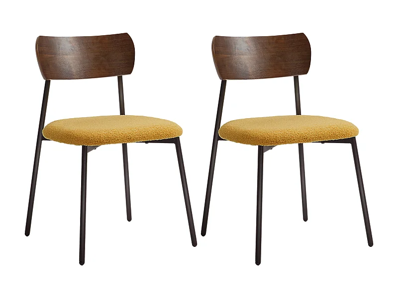 Lot de 2 chaises style vintage piètement structure métal noir dossier aspect bois assise effet laine bouclée jaune