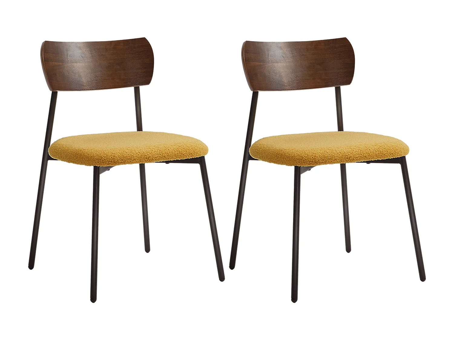 Lot de 2 chaises style vintage piètement structure métal noir dossier aspect bois assise effet laine bouclée jaune