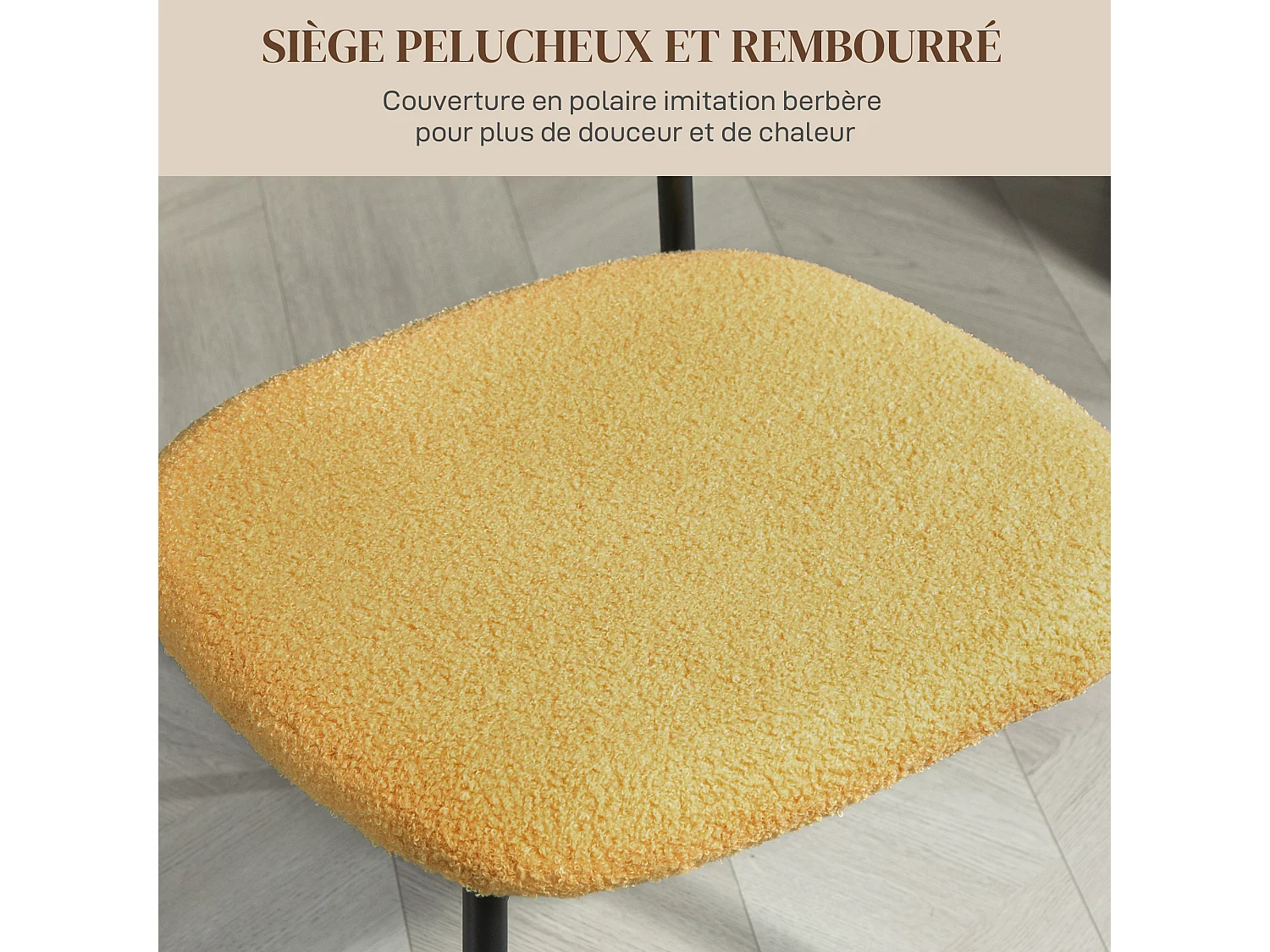 Lot de 2 chaises style vintage piètement structure métal noir dossier aspect bois assise effet laine bouclée jaune