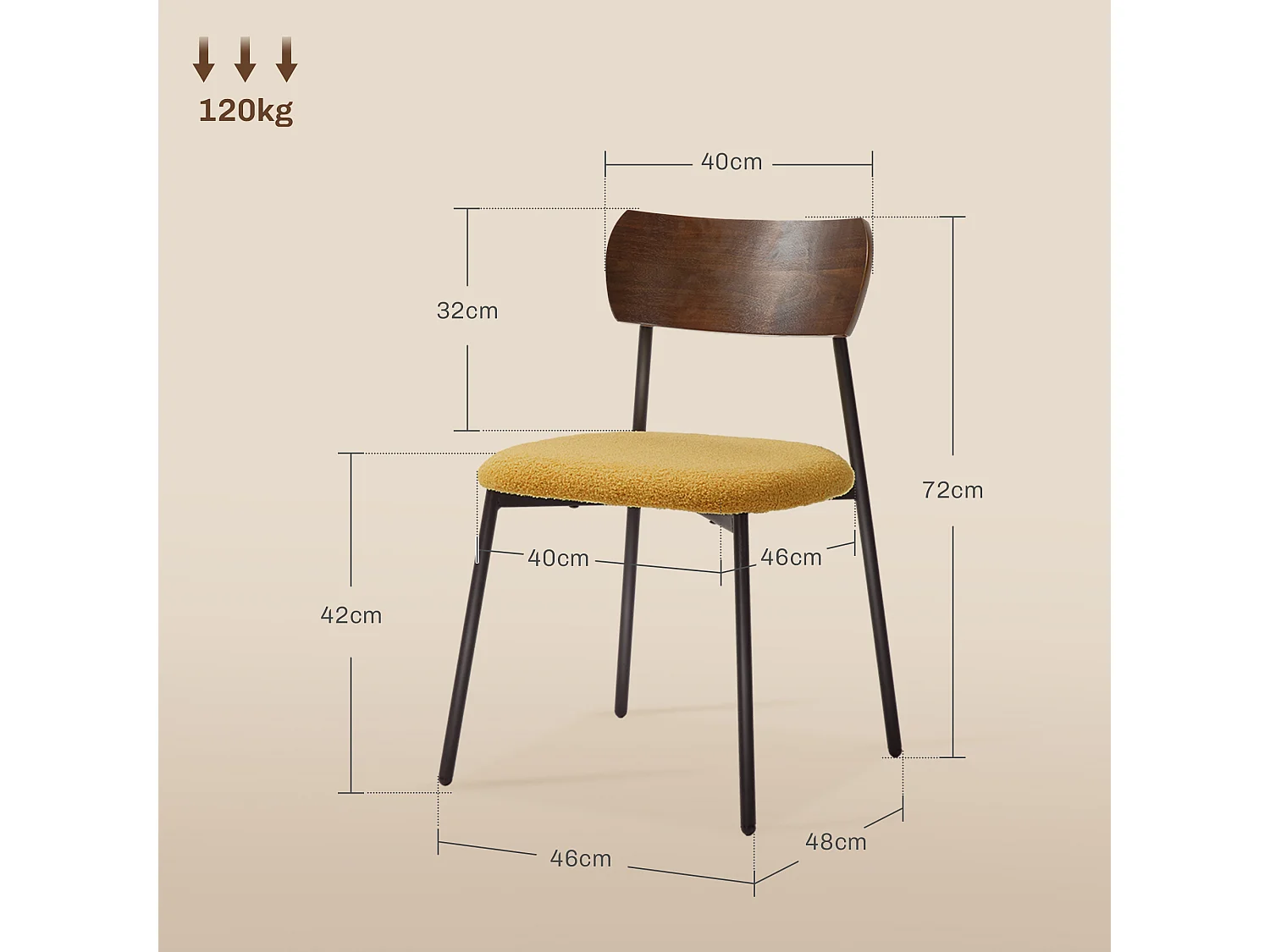 Lot de 2 chaises style vintage piètement structure métal noir dossier aspect bois assise effet laine bouclée jaune