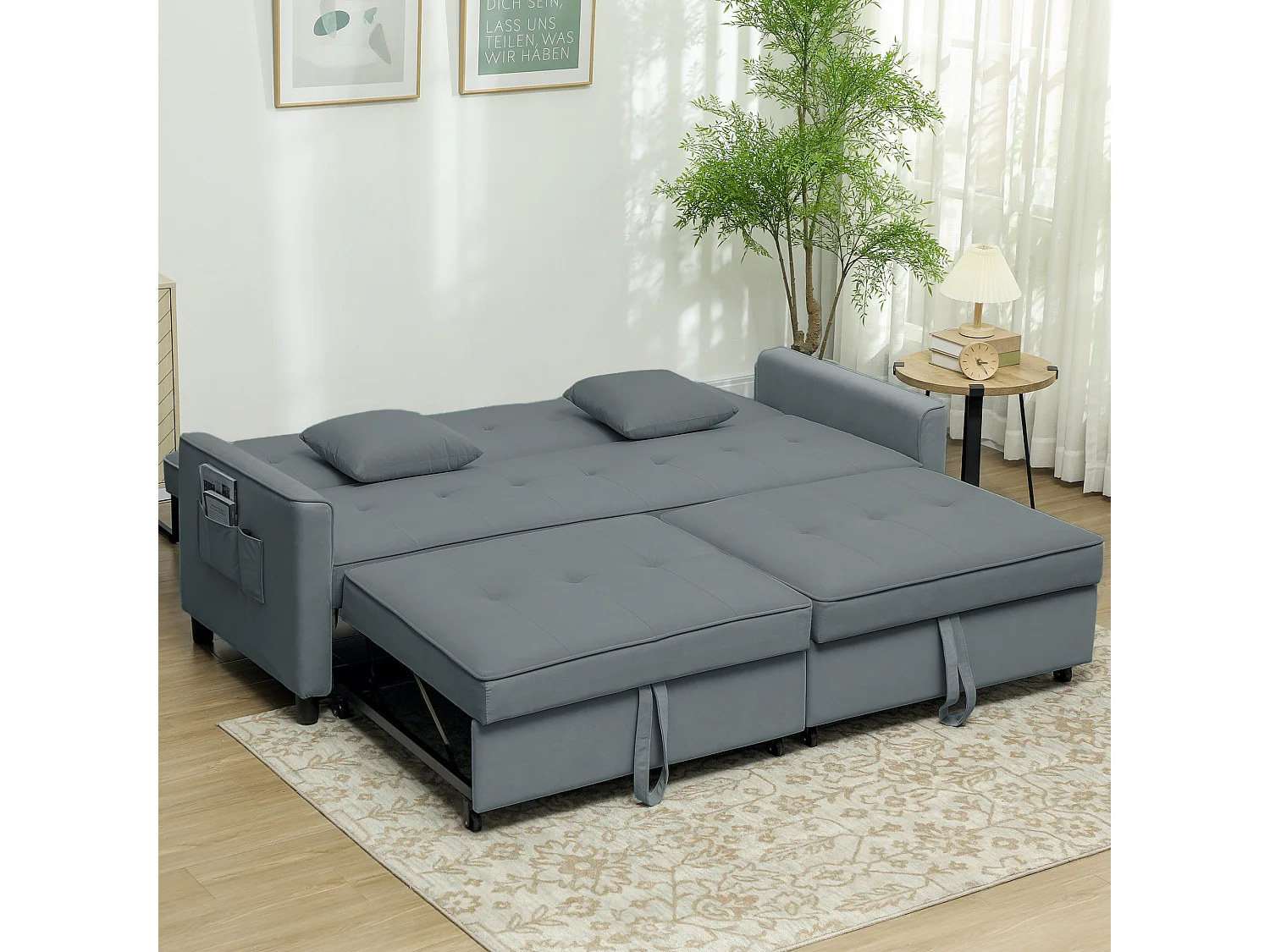 Canapé convertible 3 places style Chesterfield effet capitonné inclinable - 2 coussins, pochettes rangement - velours gris