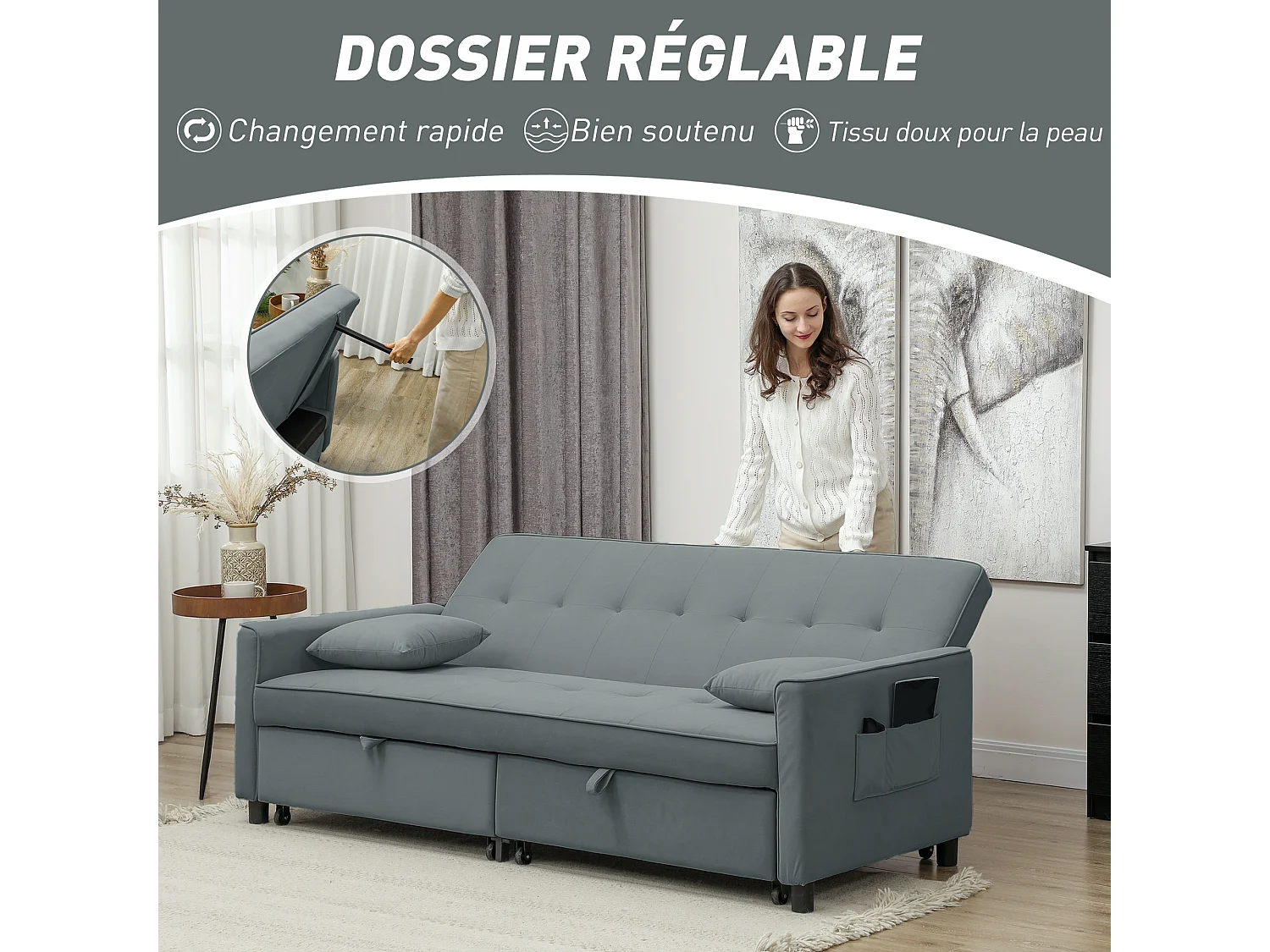 Canapé convertible 3 places style Chesterfield effet capitonné inclinable - 2 coussins, pochettes rangement - velours gris