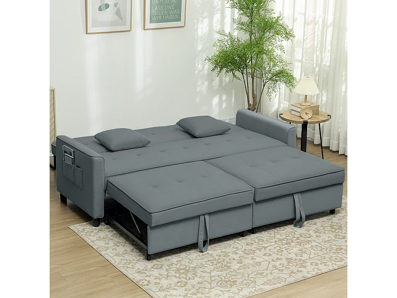 Canapé convertible 3 places style Chesterfield effet capitonné inclinable - 2 coussins, pochettes rangement - velours gris