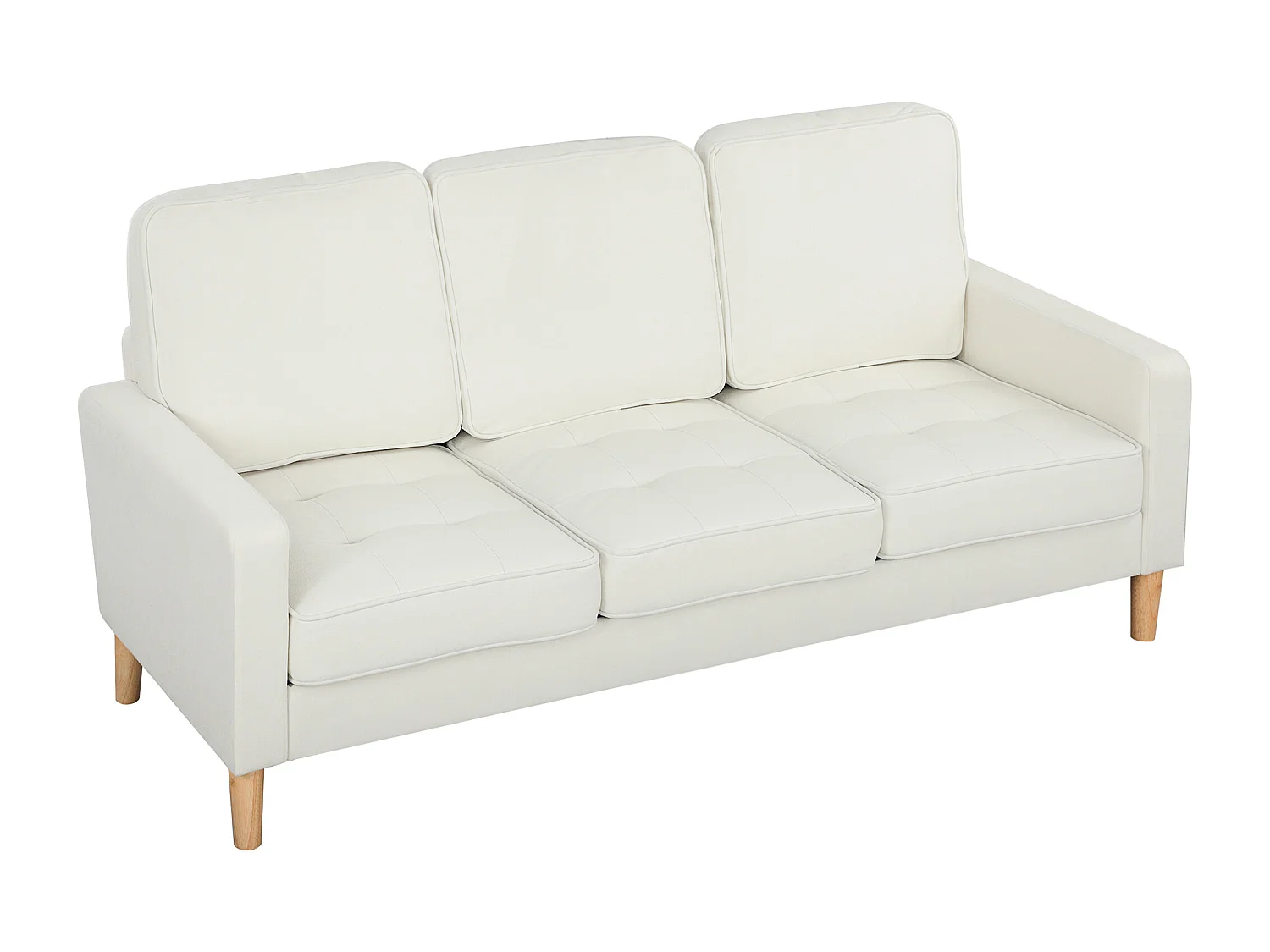 Canapé 3 places design assise effet capitonné piètement effilé bois velours crème