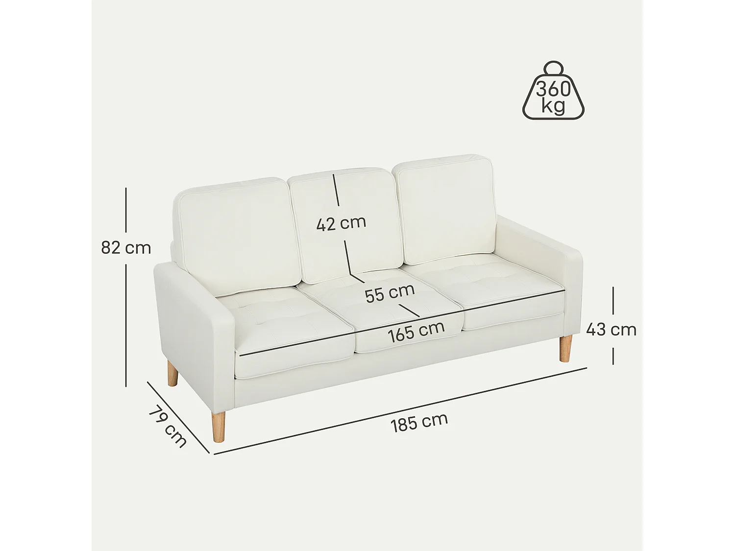 Canapé 3 places design assise effet capitonné piètement effilé bois velours crème