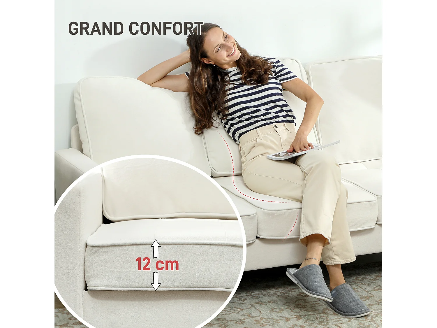 Canapé 3 places design assise effet capitonné piètement effilé bois velours crème