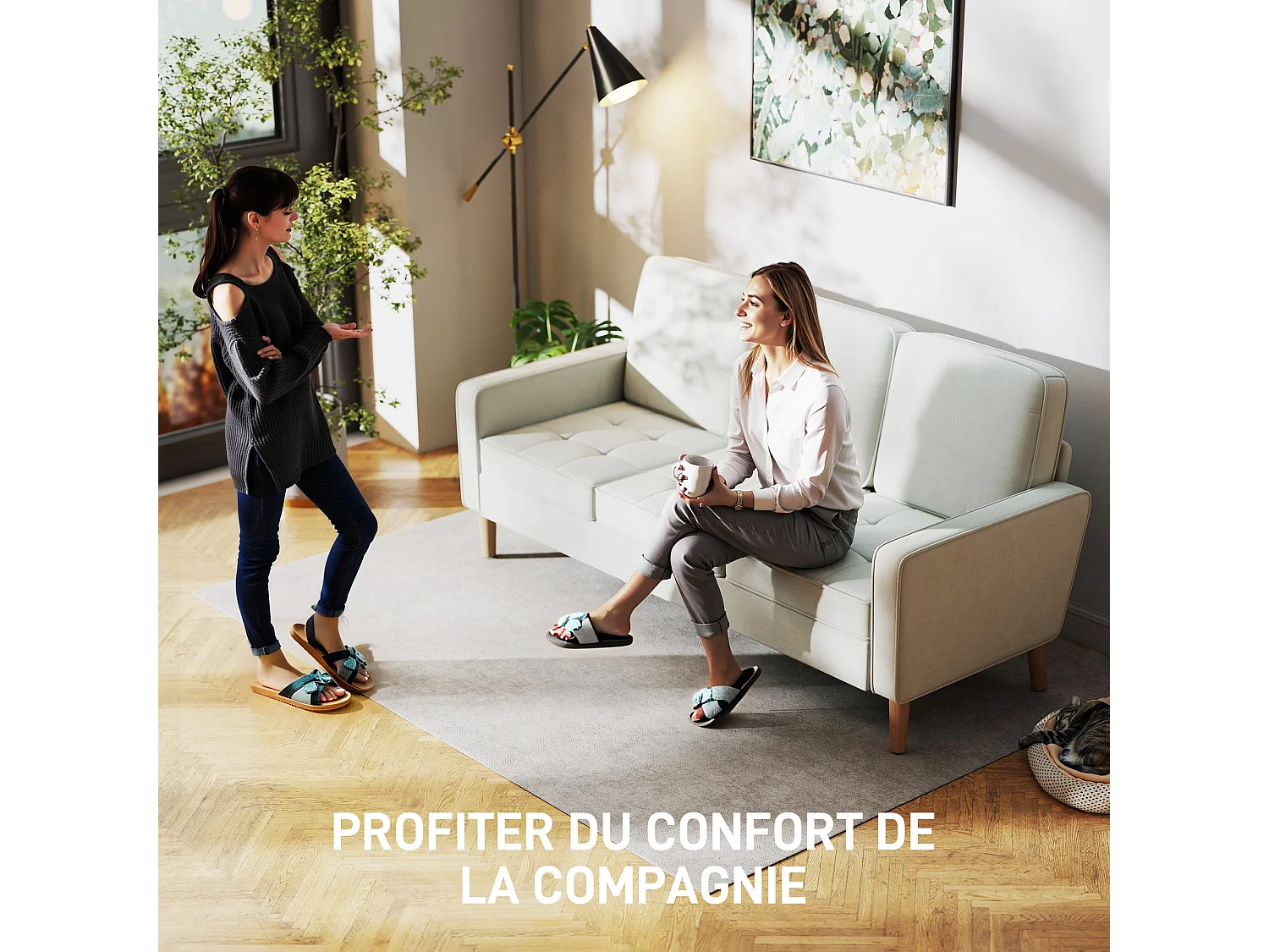 Canapé 3 places design assise effet capitonné piètement effilé bois velours crème