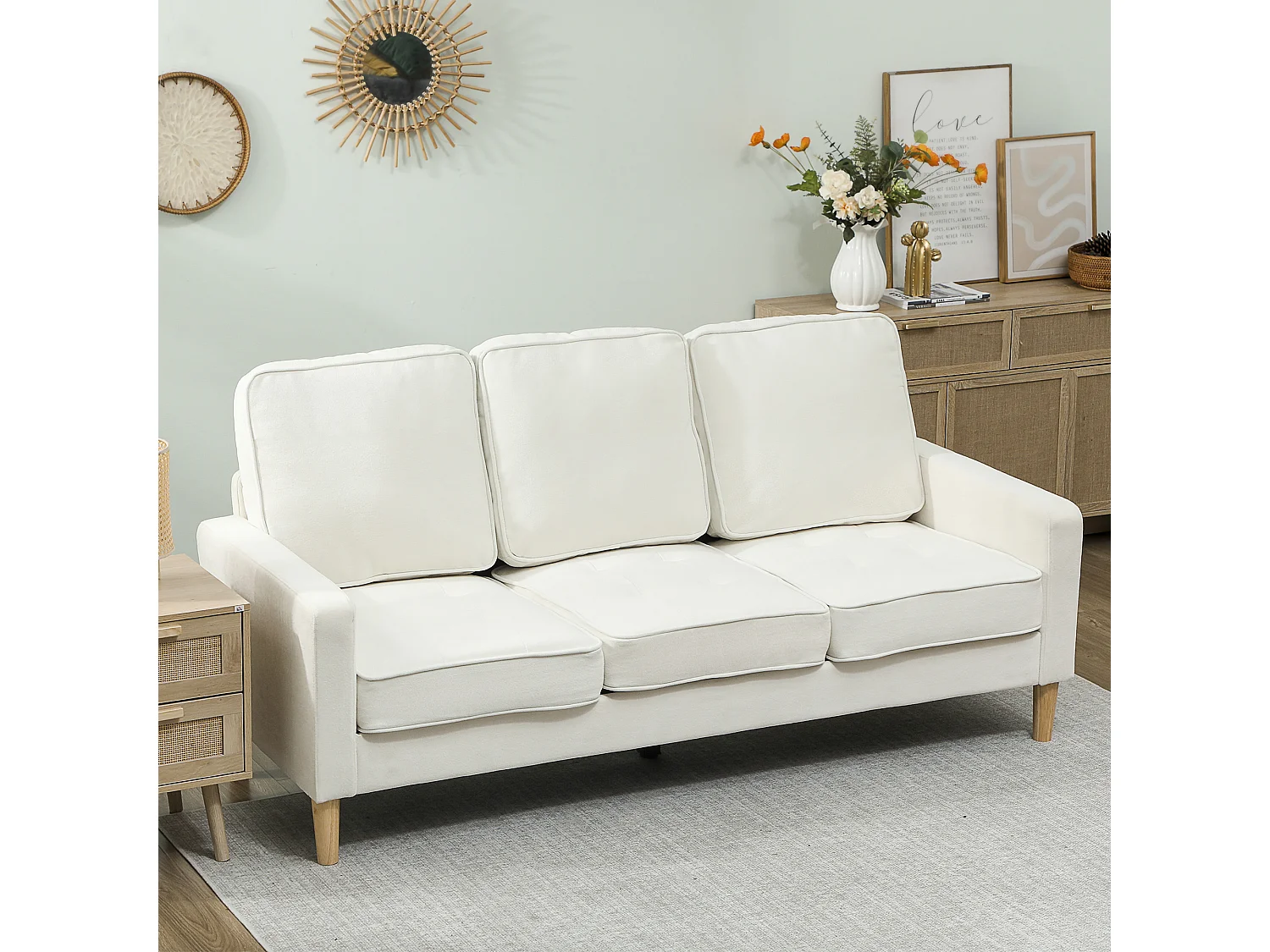 Canapé 3 places design assise effet capitonné piètement effilé bois velours crème